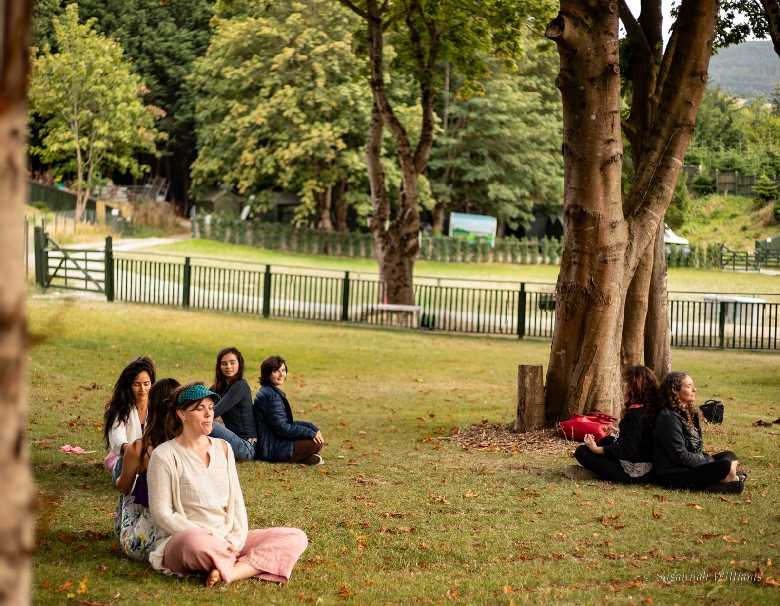 Guests sitting back to back on the lawn under the trees, eyes closed.