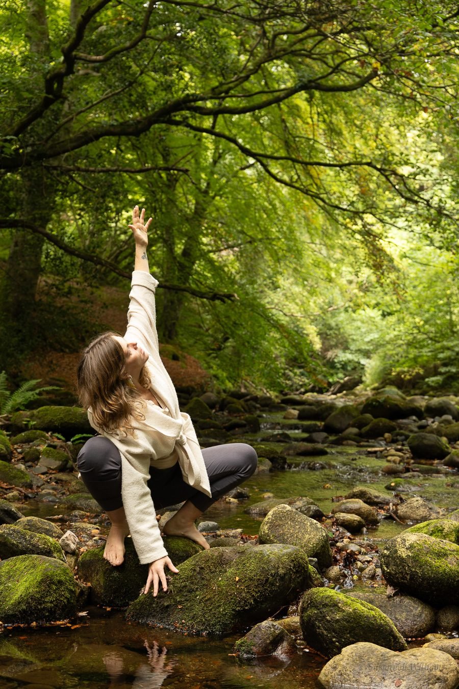 Crouched on a mossy boulder in the river, one arm raised towards the canopy.
