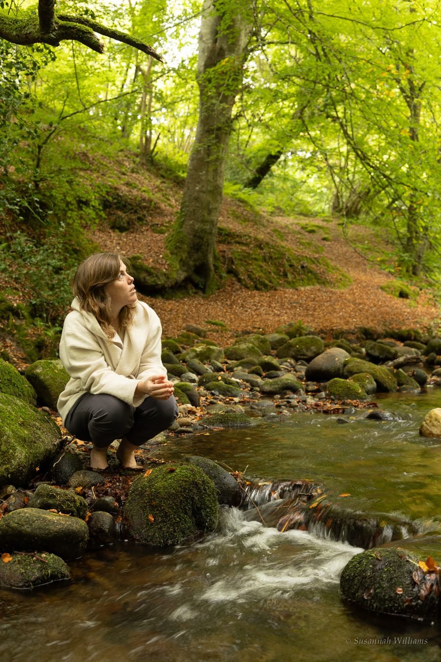 Crouching at the edge of the stream, looking up the wooded bank.