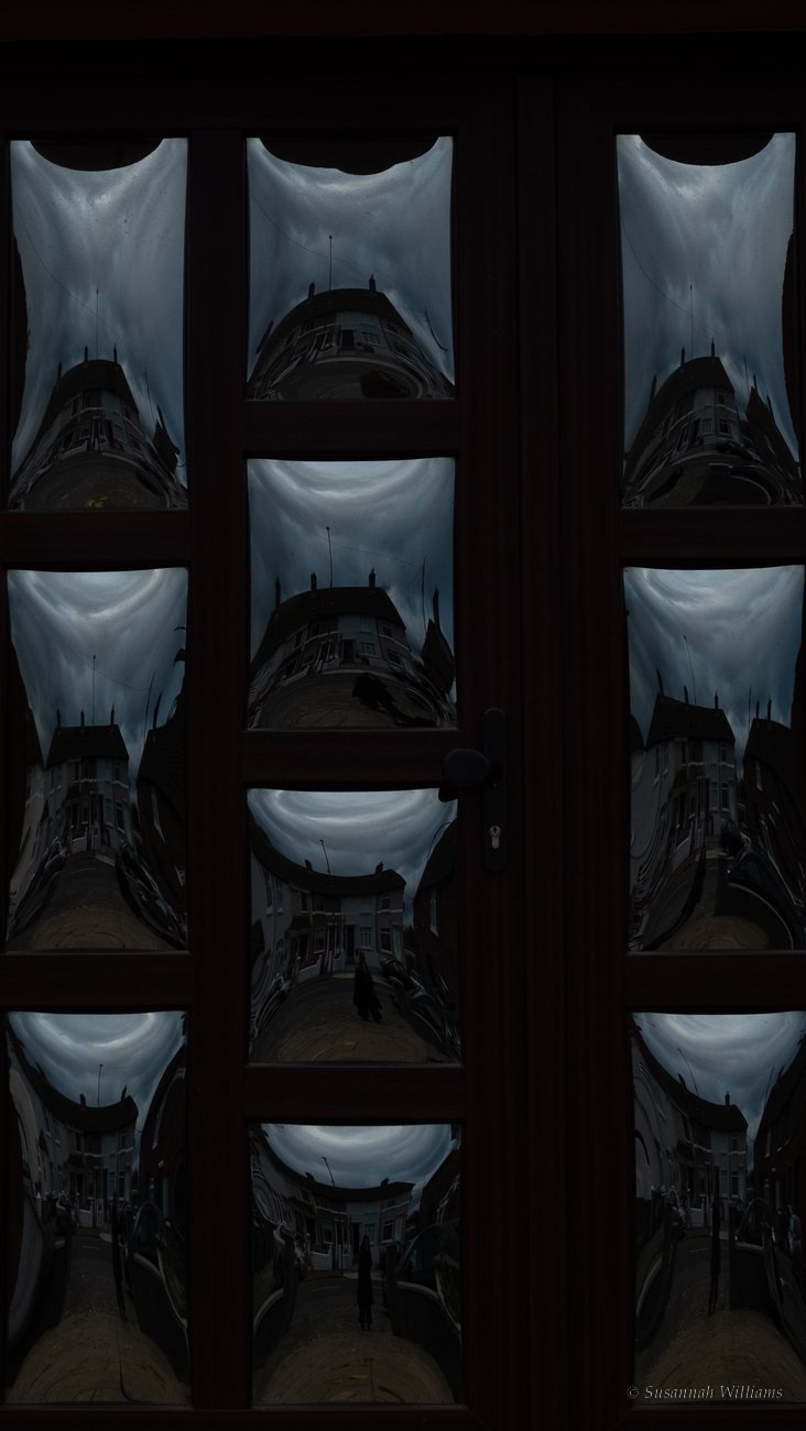 A street of houses warped in the reflective panes of a dark door.